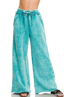 Acid Wash Fleece Palazzo Sweatpant - Light Teal